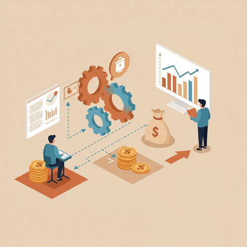 Flat design illustration of an entrepreneur overseeing an automated online business. Gears represent smooth processes, connected by lines of data. A rising graph signifies business growth and the goal of $10k/month revenue through AI automation.