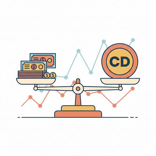 A flat design illustration comparing two investment options: bonds and CDs. On one side of a balanced scale are stylized bond certificates, and on the other, a secure bank vault representing a Certificate of Deposit. The image visually contrasts Investing in Bonds vs CDs in a volatile market setting.