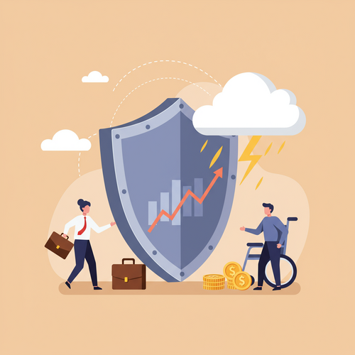 A flat design illustration showing a person with a briefcase standing confidently behind a large, strong shield, which is protecting them from a dark storm cloud. The shield represents high-value disability insurance, guarding the high earner's financial stability.