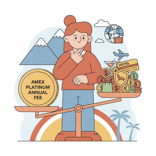 A flat design illustration of a person thoughtfully weighing a large gold coin representing the Amex Platinum Annual Fee against a collection of smaller coins and symbols that illustrate the various benefits and perks, such as travel and entertainment credits. The image, in cartoon style with warm, muted colors, visually addresses whether the Amex Platinum Annual Fee is worth it in 2026.