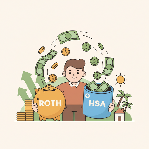Flat design illustration of a person holding two stylized financial containers. One container is labeled "Roth" and the other "HSA", both symbolizing Tax-Free Retirement Income Strategies. The image uses warm earth tones, soft blues, and muted oranges.