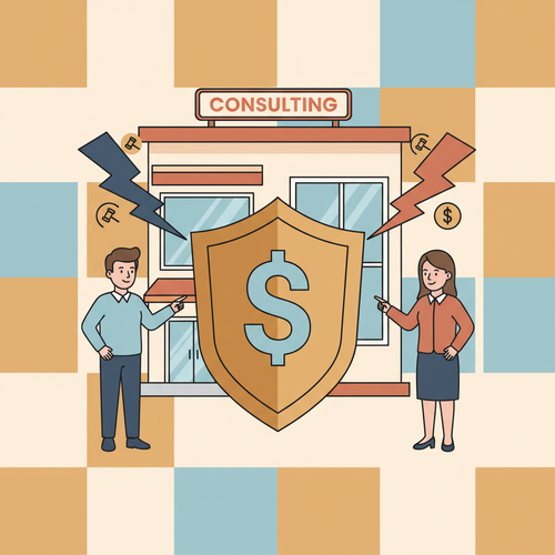 Flat design illustration of a protective shield covering a consulting business building, symbolizing professional liability insurance for consultants against legal threats.