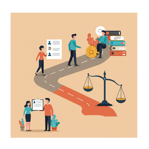 A flat design illustration depicting a human financial planner and a robo-advisor standing at a crossroads, representing the choice between Robo-Advisors vs. Human Financial Planners for investment management.