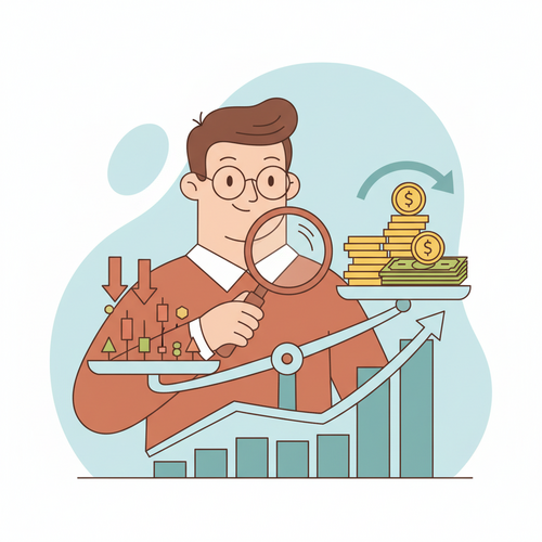 A flat design illustration of a person smiling, holding a magnifying glass, looking at two scales. One scale has declining stock graphs, and the other has a growing pile of money, symbolizing the benefits of a tax-loss harvesting strategy. The image is in cartoon style with clean lines and warm, muted colors.