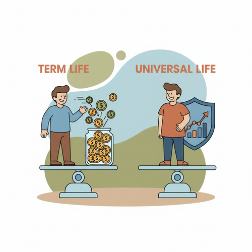 A flat design illustration of two characters on scales. One character represents Term Life insurance with a growing money jar, and the other represents Universal Life insurance with an integrated growth graph, illustrating Term Life vs Universal Life Insurance Wealth Building.