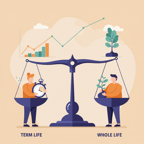 Flat design illustration comparing term life and whole life insurance, showing two characters on a balance scale. One character holds a stopwatch for term life, and the other holds a growing plant for whole life insurance cash benefit, highlighting the differences in a cost-benefit analysis.