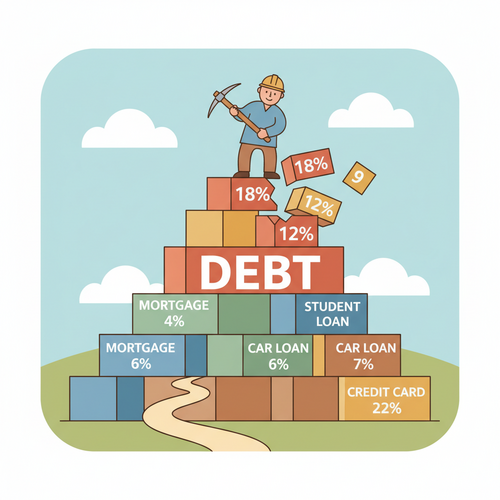 A cartoon illustration in flat design style showing a person using the Debt Avalanche Method by chipping away at the highest-interest debt block from a mountain of loans. The image visually represents paying off loans faster and saving on interest using the Debt Avalanche Method.