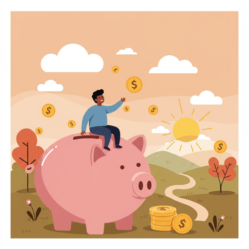 Flat design illustration of a person sitting on a large piggy bank, gazing at a peaceful landscape, symbolizing financial independence and Retiring Before 50.