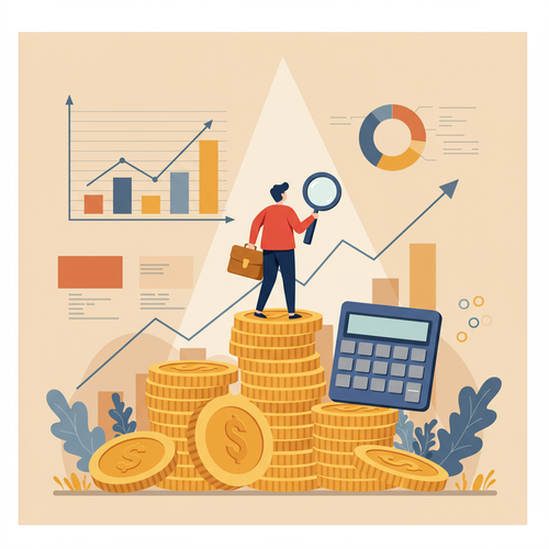 A flat design illustration showing a person standing confidently on a large stack of coins, looking towards a bright horizon. The person holds a calculator and a magnifying glass, symbolizing the calculation of the financial independence number. The background features simplified abstract shapes representing growth and financial stability, using warm earth tones, soft blues, and muted oranges, with clean lines and no gradients.