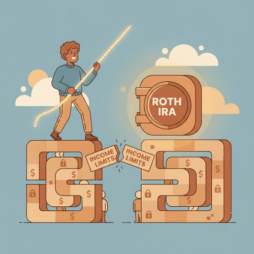 Flat design illustration of a person in a suit, symbolizing a high-income earner, strategically moving through a maze towards a secure vault labeled "Roth IRA," representing the Backdoor Roth IRA for High-Income Earners strategy.