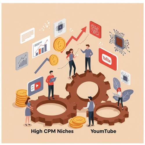 A flat design illustration showing diverse characters standing on stylized gears labeled "High CPM Niches" and "YouTube." Icons of financial growth and technology float around them, representing the High-CPM YouTube Niches 2026. The style is cartoonish with clean lines and a warm color palette.