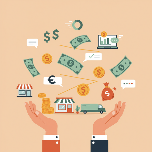 Flat design illustration showing a person's hands balancing various financial symbols like coins, bills, and charts, with small business icons in the background, representing effective Small Business Cash Flow Management.