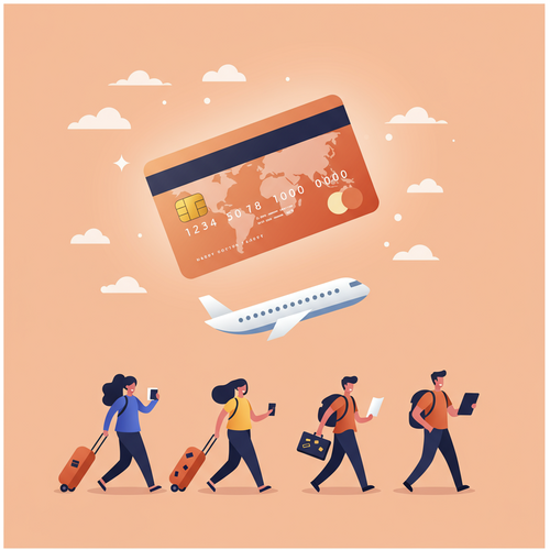 A flat design illustration showing travelers with luggage and passports walking towards an airplane, with a large luxury credit card floating above them. The image features a diverse group of people and highlights the benefits of Luxury Credit Cards 2026 for elite travel perks in a cartoon style with warm, muted colors.