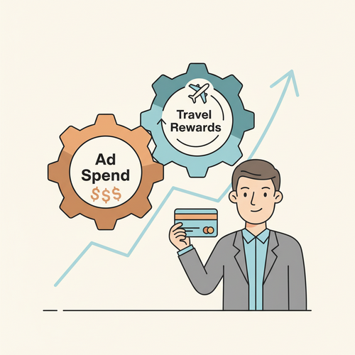 Flat design illustration of a business professional next to two interconnected gears, one for Ad Spend and one for Travel Rewards. The professional holds a business credit card, symbolizing the strategic use of Business Credit Cards for Ad Spend and Travel Rewards.