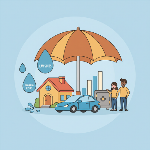 A flat design illustration of a large, open umbrella providing protective cover over various assets, including a house, car, and financial charts. The image metaphorically represents umbrella insurance safeguarding the wealth of high-net-worth individuals from potential lawsuits and financial risks, depicted as raindrops.