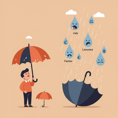 A flat design illustration of a person holding a small, inadequate umbrella under a downpour of financial risks, while a larger, sturdier umbrella waits nearby, representing robust umbrella insurance coverage.