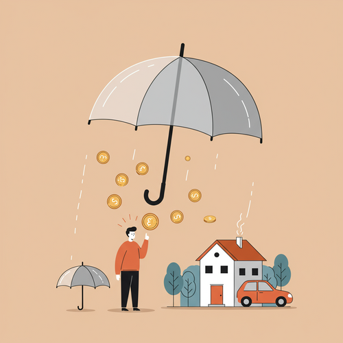A flat design illustration of a person and their assets, like a house and car, being protected by an oversized, transparent umbrella that symbolizes the extra liability coverage of umbrella insurance.