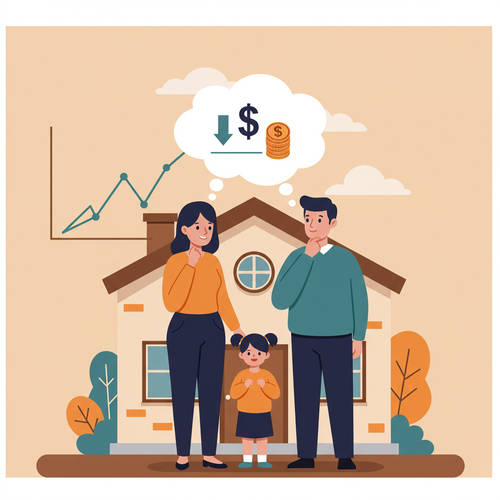Flat design illustration of a family (two adults, one child) looking at a house with a glowing thought bubble above it containing a downward arrow and a dollar sign, representing the decision of when to refinance mortgage. The current interest rate environment is subtly suggested by a chart in the background.