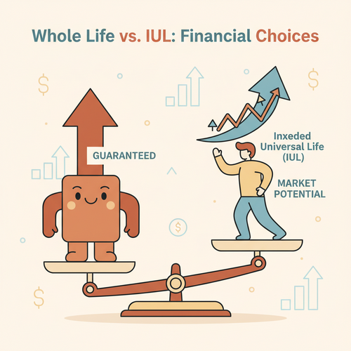 Flat design illustration of two stylized characters, one representing Whole Life insurance and the other IUL. The Whole Life character is solid, stable, and has a steady upward arrow, while the IUL character is flexible, dynamic, and shows an upward arrow with market index graph elements. They stand on a balance scale, representing the comparison, against a clean background with muted financial symbols. The image conceptually illustrates Whole Life vs IUL.