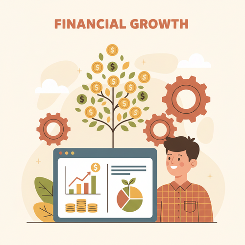 A flat design illustration of a small business owner reviewing a dashboard displaying 5 key financial KPIs, including charts for profit margin, cash flow, and customer metrics.