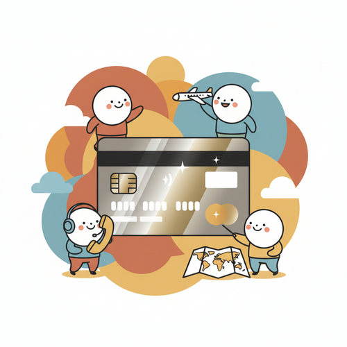 A flat design illustration of a sleek, silver metal credit card with a subtle sheen. Around the card, three cartoon-style figures represent concierge services: one character speaks on a phone, another holds a miniature airplane, and a third points at a map. The scene is set against a background of warm earth tones, soft blues, and muted oranges, highlighting the exclusive benefits of Metal Credit Cards Concierge Services.