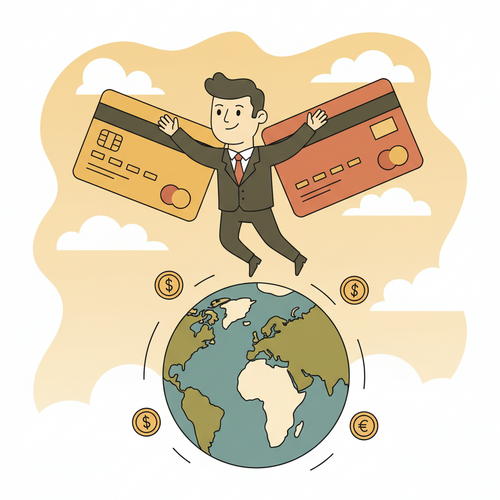 Illustration of the best travel credit cards for business owners, showing an entrepreneur flying with credit cards as wings over a globe, symbolizing travel and financial freedom.