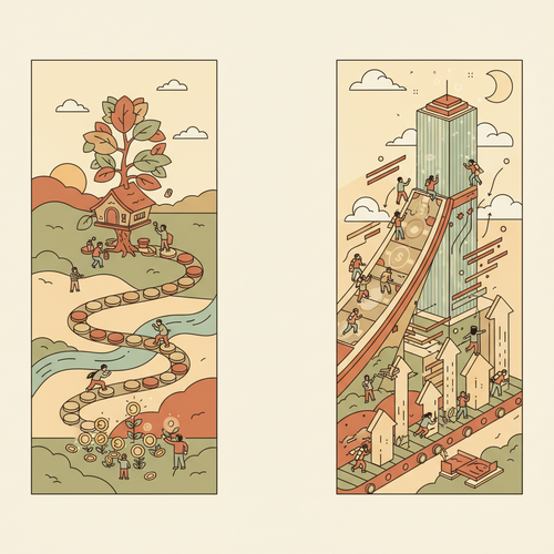 Illustration comparing bootstrapping vs. venture capital for startup funding, showing a small, self-funded business growing organically next to a rapidly expanding, externally funded company.