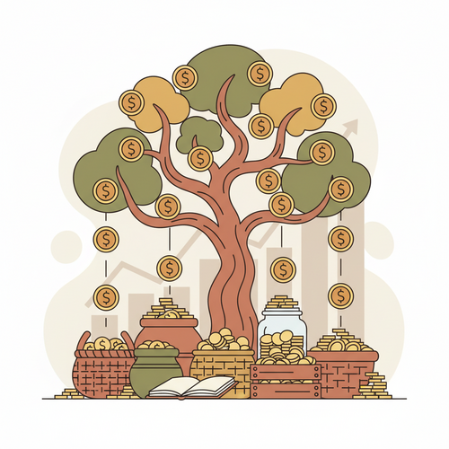 Illustration of a money tree generating golden coins into diverse baskets, symbolizing a growing Dividend Aristocrats passive income portfolio.