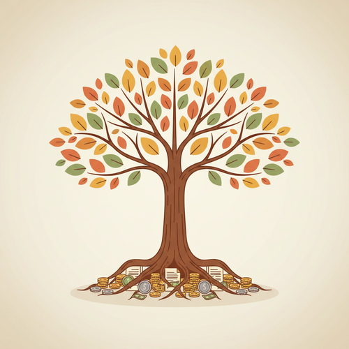 Flat design illustration showing the roots of a family tree made of coins and documents, symbolizing Building Generational Wealth through estate planning.
