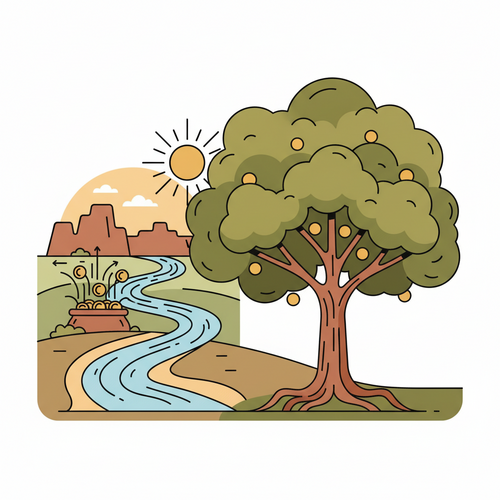 An illustration showing the difference between cash flow vs. profit, depicting a flowing river of money representing cash flow and a healthy, growing tree representing profit.