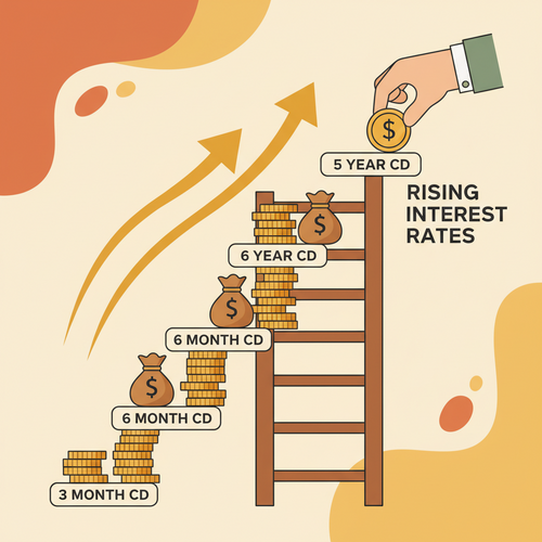 Illustration of a CD laddering strategy with coins and a hand, representing maximizing returns in a fluctuating rate environment.