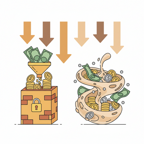 Illustration comparing Certificates of Deposit (CDs) and High-Yield Savings Accounts (HYSAs) in a falling interest rate environment, depicting concepts of locked-in vs. flexible money.