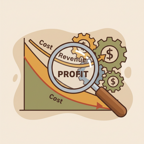 A flat design illustration representing Cost-Volume-Profit Analysis, showing graphs of fixed costs, variable costs, and total revenue, with a clear break-even point. Gears and currency symbols are subtly integrated into the background.