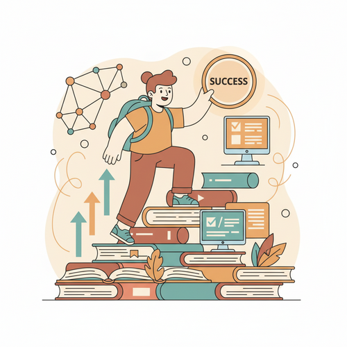 Flat design illustration of a person climbing a staircase made of books and digital screens, representing the journey of creating and selling high-ticket online courses. The character is friendly and approachable, with warm earth tones, soft blues, and muted oranges in the color palette.