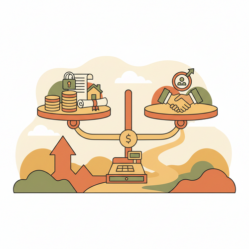 Illustration comparing debt vs equity financing for startups, showing two different funding paths.