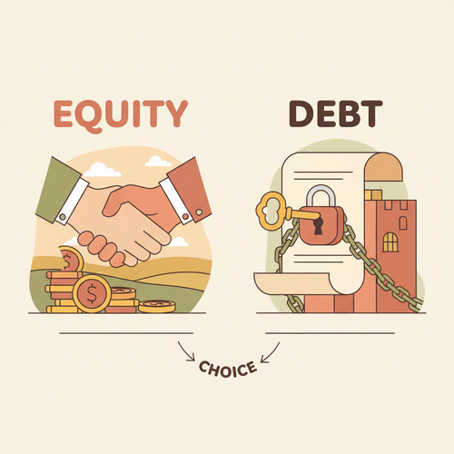 Conceptual illustration comparing Debt vs. Equity Financing for entrepreneurs, showing different paths for capital raising.