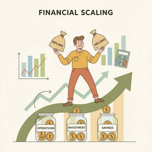 Illustration of a business owner effectively managing cash flow, with money entering and leaving different accounts, symbolizing effective cash flow management for small businesses.