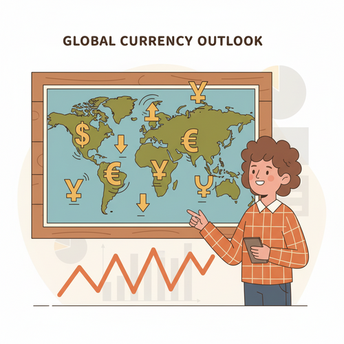 Illustration of a small business owner navigating global currency fluctuations, symbolizing managing foreign exchange risk for small businesses.