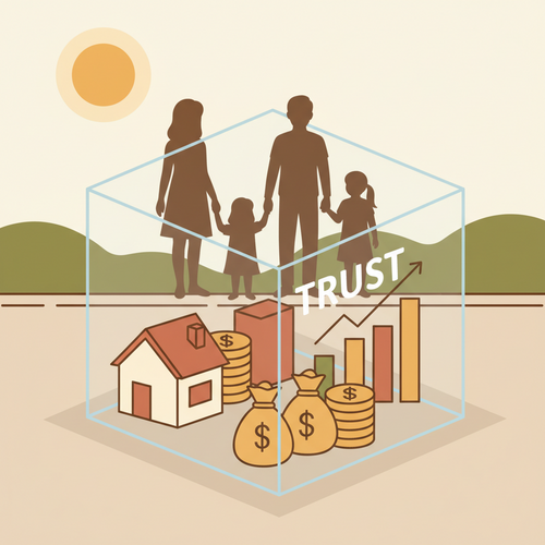 Illustration of a secure revocable living trust protecting assets for beneficiaries, symbolizing organized estate planning.
