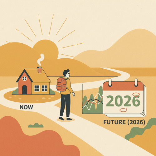 A person contemplating the decision to buy a house now or wait, with visual elements representing 2026 mortgage rates and economic forecasts.