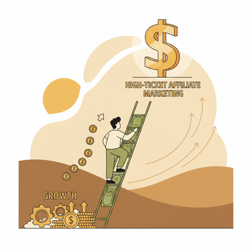 Illustration of a person climbing a ladder made of money towards a large dollar sign, symbolizing success in High-Ticket Affiliate Marketing.