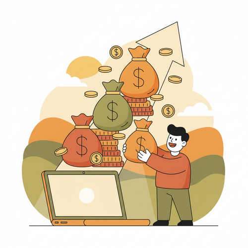 Illustration showing growth in high-ticket affiliate marketing with money bags and a laptop, symbolizing online earnings.