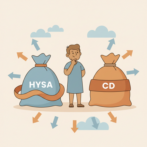 A flat design illustration showing two money bags, one representing a flexible high-yield savings account and the other a fixed certificate of deposit, with a person contemplating which to choose to maximize returns in a high-rate era.