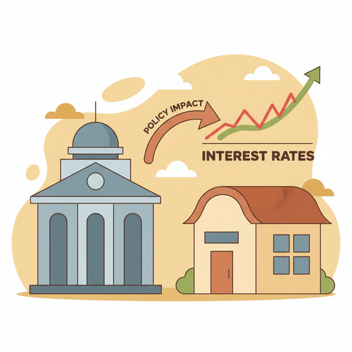 Illustration showing the impact of federal interest rate hikes on an Adjustable-Rate Mortgage (ARM), with a rising graph affecting a house.