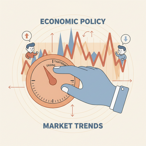 Flat design illustration in cartoon style of a hand (Federal Reserve) turning a dial, symbolizing the Federal Reserve Interest Rate Impact on Stock Market, with a volatile stock market graph in the background, using warm earth tones and soft blues.