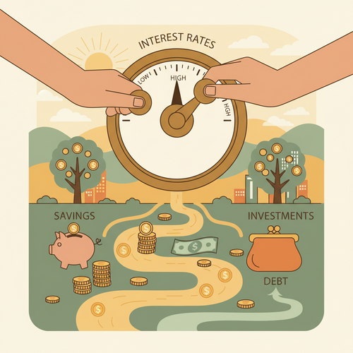 Illustration showing the impact of Federal Reserve rate cuts on savings and investments, with a focus on financial adjustments.
