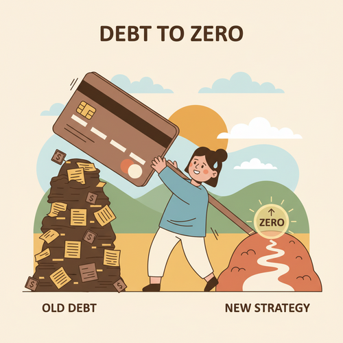 Flat design illustration depicting a person conceptually moving a large balance transfer credit card debt from one high-interest card to a new, zero-interest card, symbolizing faster debt payoff.