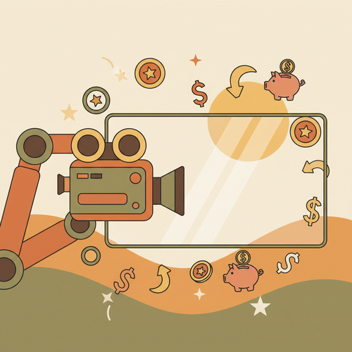 Flat design illustration of a robot arm recording a blank screen with money symbols, representing a faceless YouTube automation channel and rapid monetization.