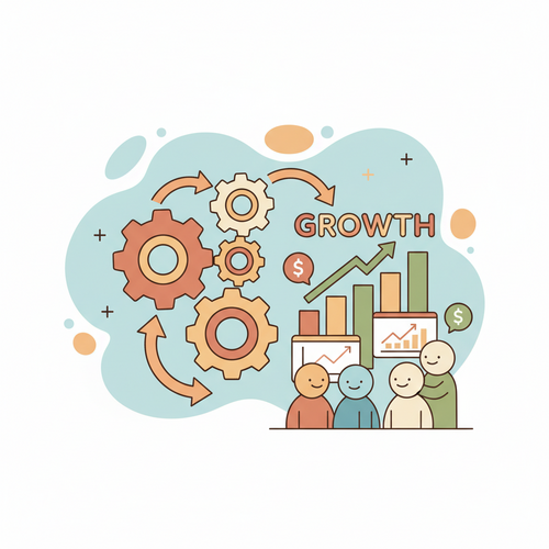 Flat design illustration showing gears and cogs in warm earth tones, soft blues, and muted oranges, symbolizing AI automation for affiliate marketing. Abstract figures interact with digital screens and growth charts in the background, representing business scaling.