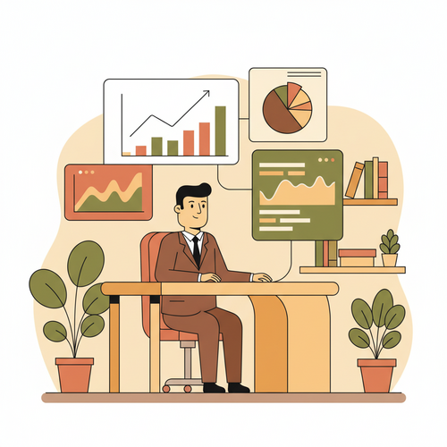 A flat design illustration showing a small business CFO tracking essential Small Business CFO KPIs on a digital dashboard, representing financial analysis and strategic growth.